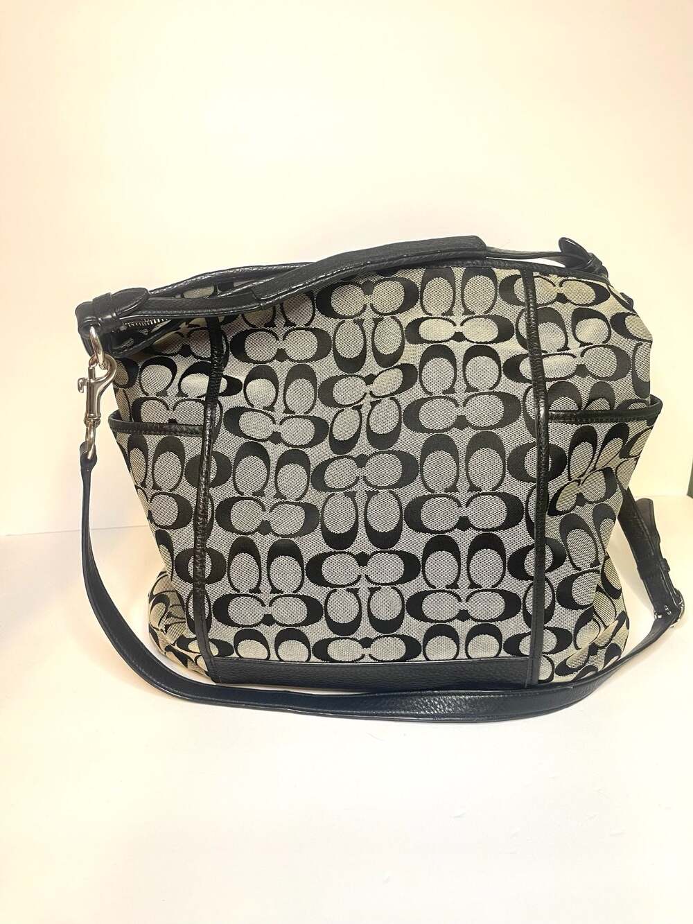 Coach Signature Black and Grey Canvas Hobo Shoulder Bag